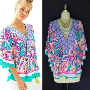 Lilly Pulitzer Letti top Safari Sighted Caftan silk tunic top feathers blouse